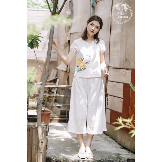 Quần linen culotte trắng Lá In Hoa