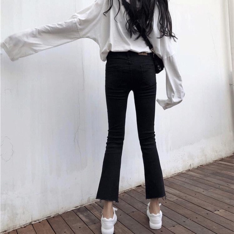Quần bò ống loe đen quần ống loe hack dáng sang chảnh trẻ trung eooshop
