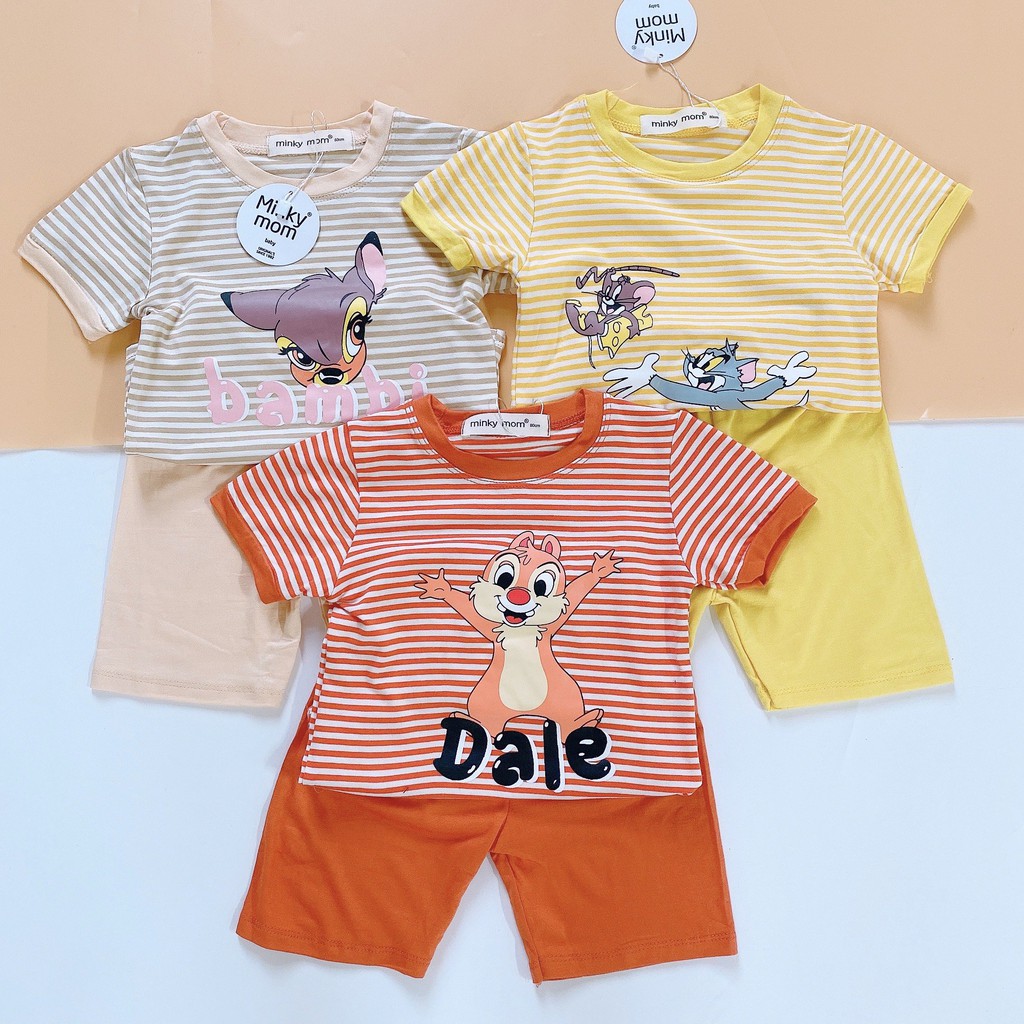 Đồ Bộ Bé Trai, Bé Gái Minky Mom Kẻ Sọc Vải Cotton Lạnh Họa Tiết Hoạt Hình, Bộ Cộc Tay Cho Bé Mặc Nhà