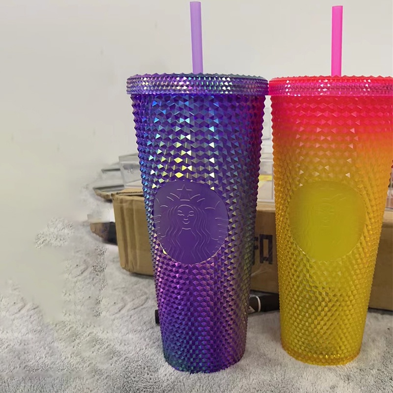 Cốc nước Starbucks F1 series họa tiết kim cương sáng bóng kèm ống hút có thể tái sử dụng