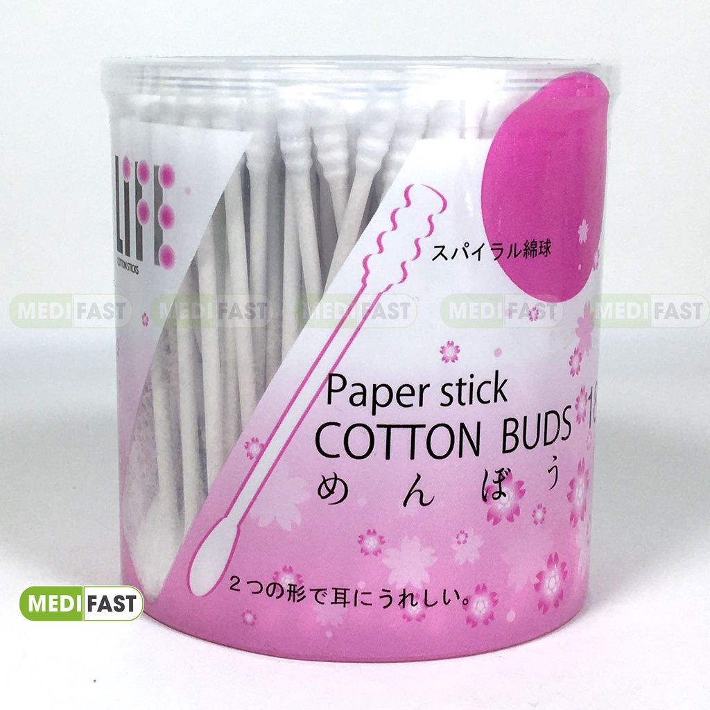 Tăm bông Life từ Nhật Bản - 1 đầu tròn, 1 đầu xoắn - hộp 180c cho cả người lớn và trẻ em