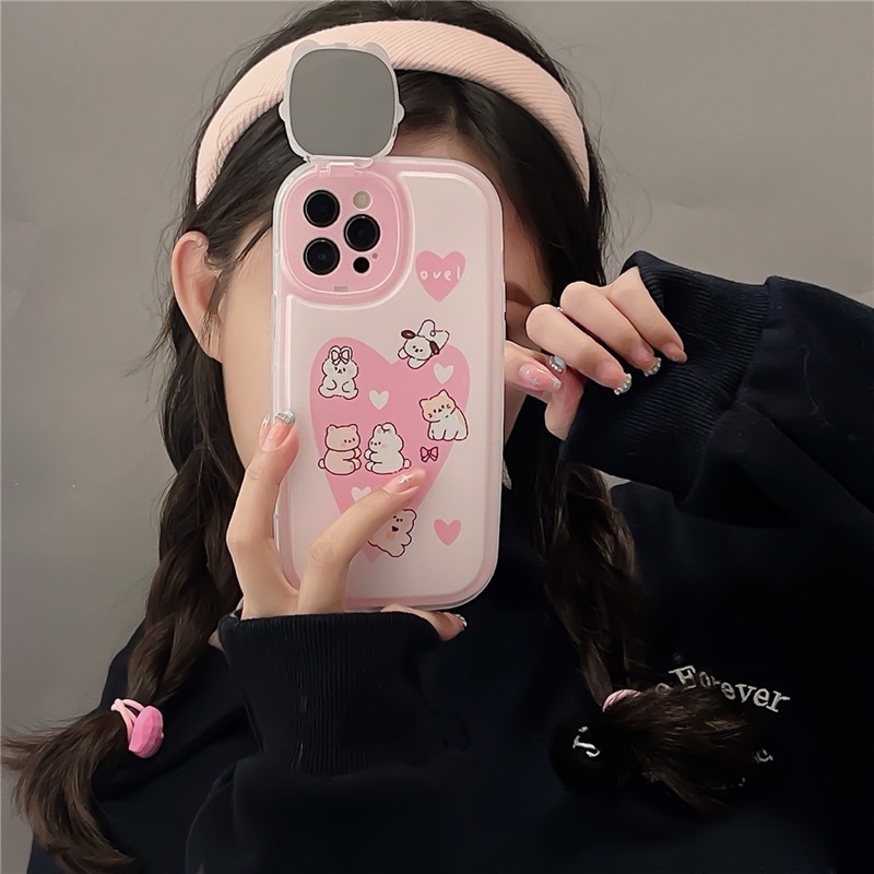 Ốp lưng iphone mềm dẻo viền bo tròn chống sốc gương che bảo vệ camera hoạt hình màu hồng cute