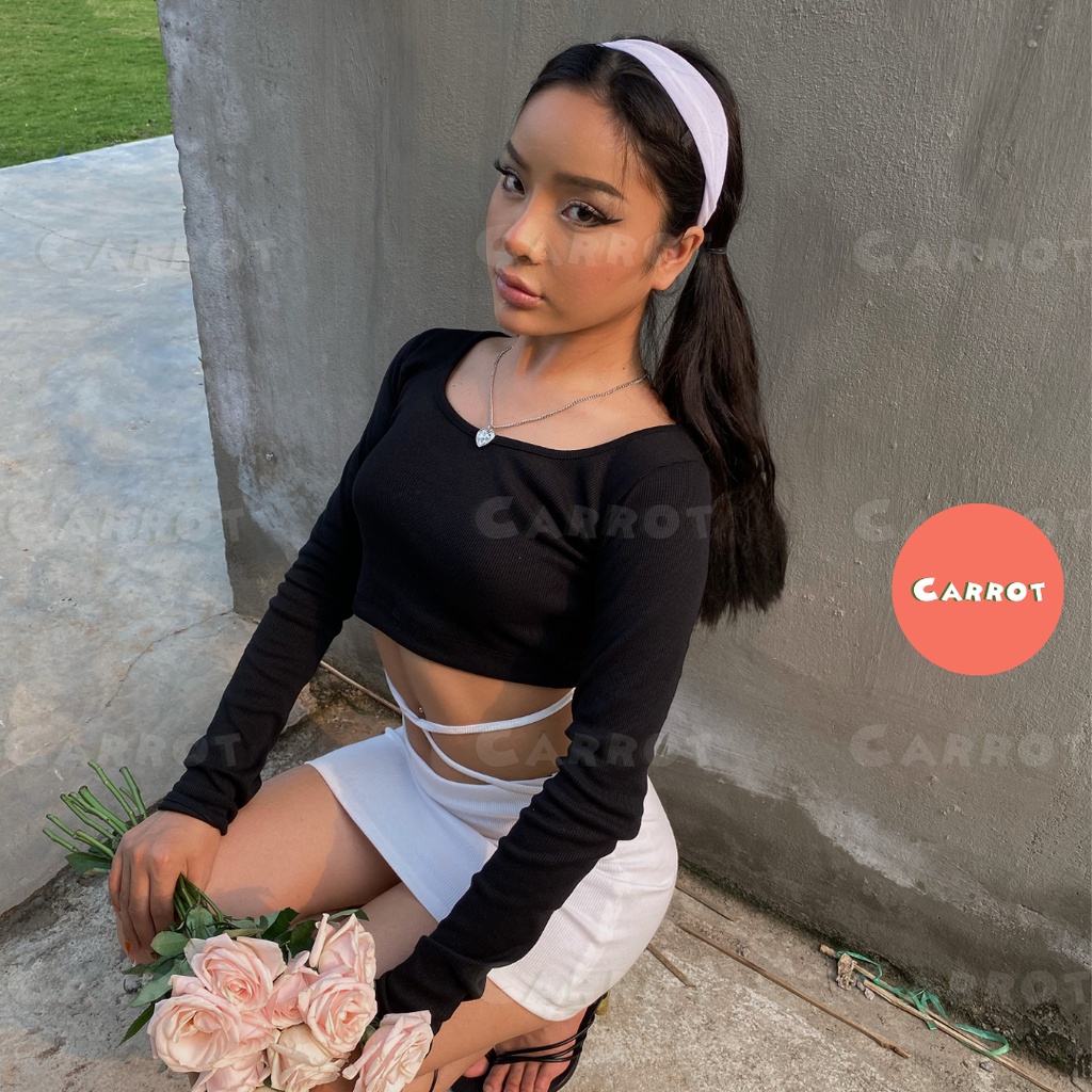 Croptop đen tay dài chân váy trắng basic ôm eo cột dây tôn dáng chất thun trendy thời trang nữ carrotxinhdep