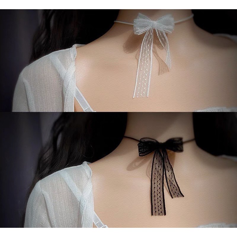 (Có vòng bigsize) Choker nơ ren điểm bi nơ 2 tầng mã SJ-6