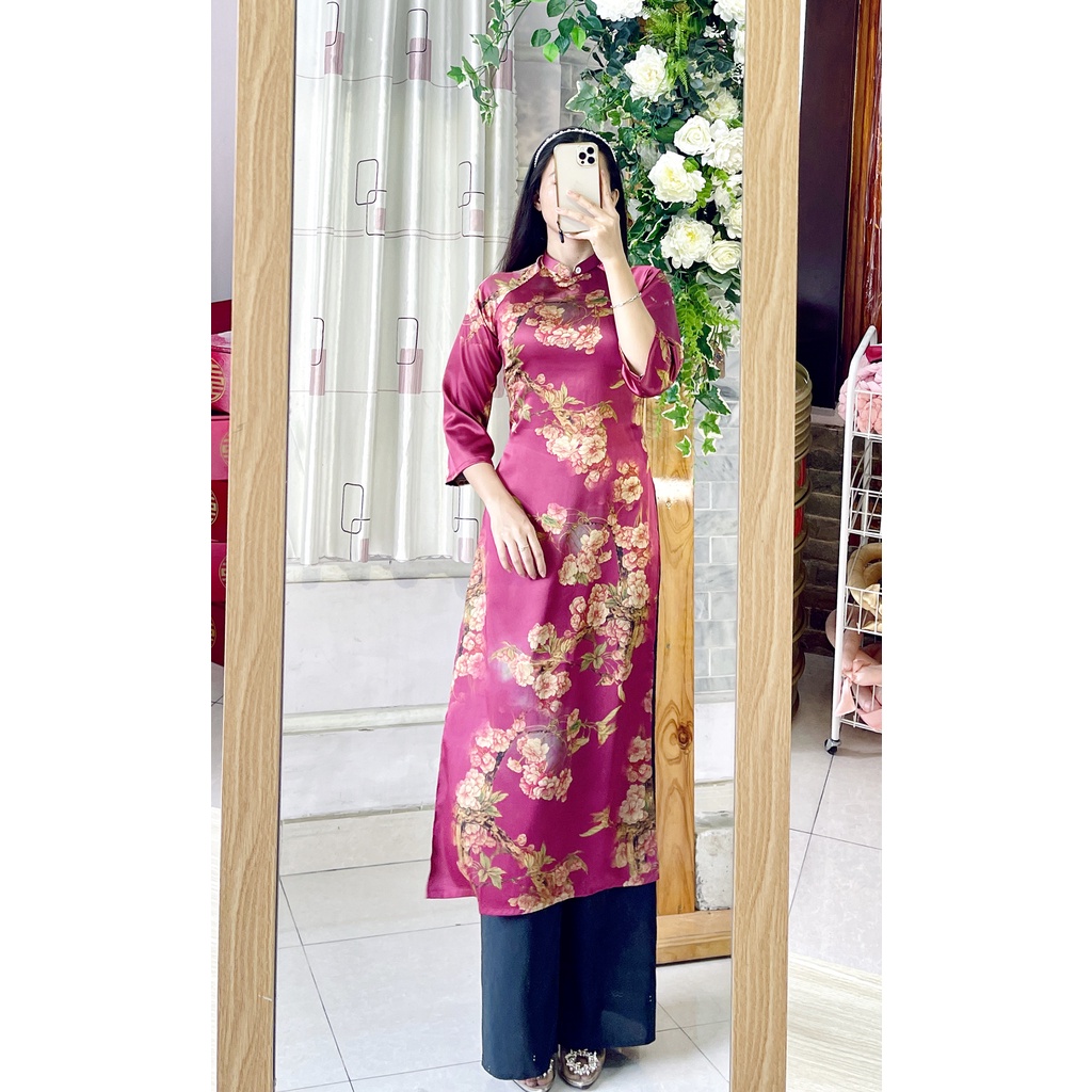Áo dài Tết cách tân lụa TAY LOE in hoa Tết siêu xinh