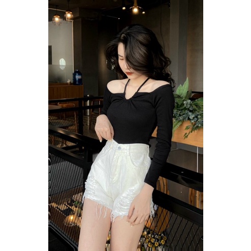Áo kiểu nữ trễ vai dây đeo cổ Michi, áo thun croptop nữ