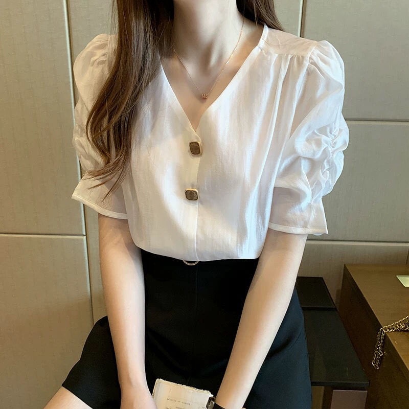 Áo Sơ Mi Tay Phồng Cổ Chữ V Màu Trơn Phong Cách Hàn Quốc Thời Trang Mùa Hè 2022 Dành Cho Nữ