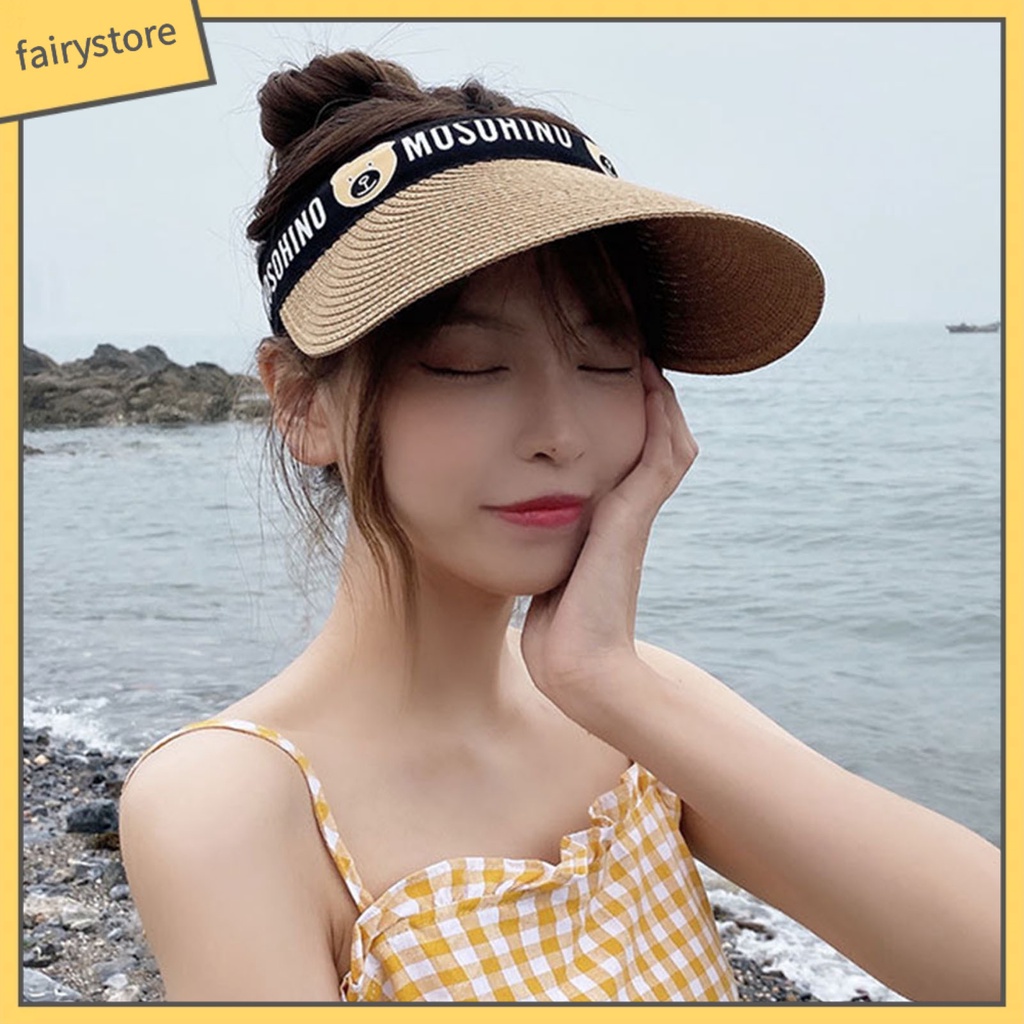 Mũ Cói Vành Rộng Hở Đầu Chống Tia Uv Họa Tiết Gấu Dễ Thương Thời Trang Mùa Hè Cho Người Lớn Và Trẻ Em
