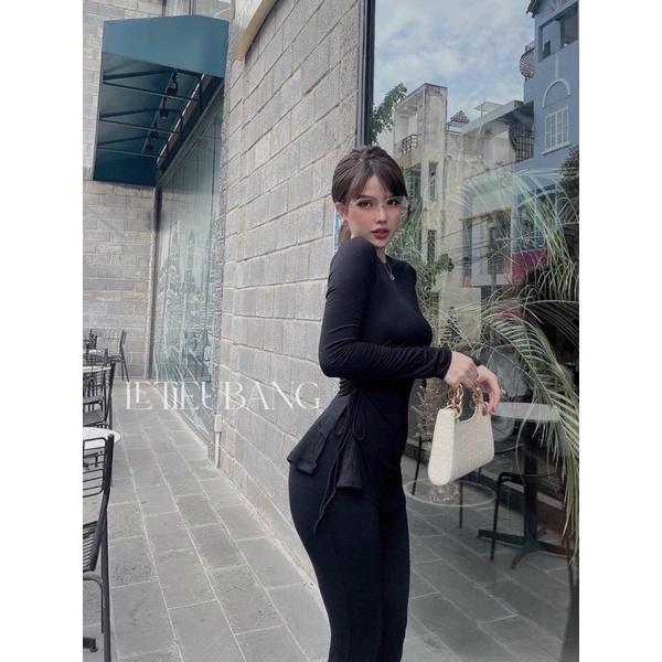 Set thắt nơ eo nhún quần dài