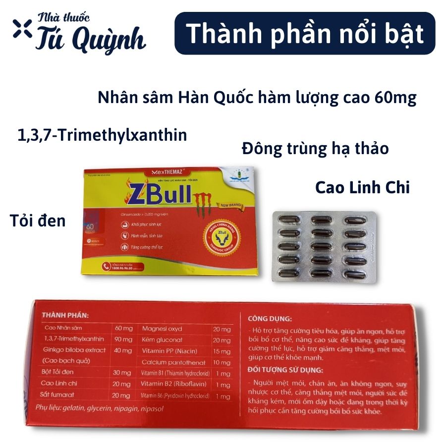 Zbull M New brand - Viên tăng lực cho người trưởng thành, giúp khỏe mạnh, tập trung, tỉnh táo, giảm stress - Hộp 60 viên