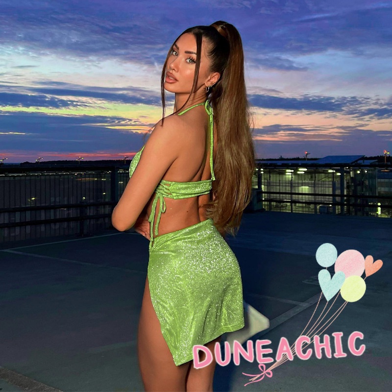 DUNEA Bộ đồ gồm áo cổ yếm và chân váy xẻ tà thời trang gợi cảm cho nữ