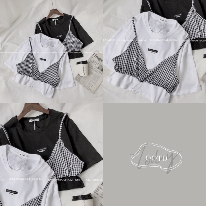 Set áo liền yếm caro 3 màu freesize Pumi