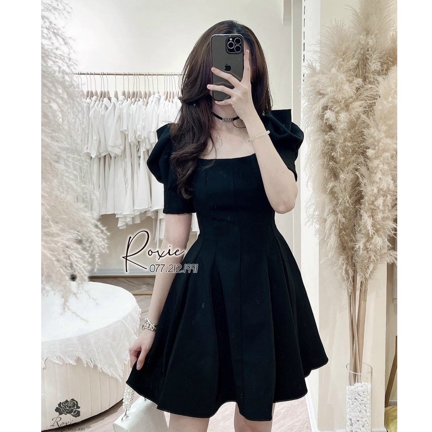 Đầm nữ cộc tay tiểu thư cổ vuông tay bồng, váy xoè dáng ngắn chất nhung mềm mại
