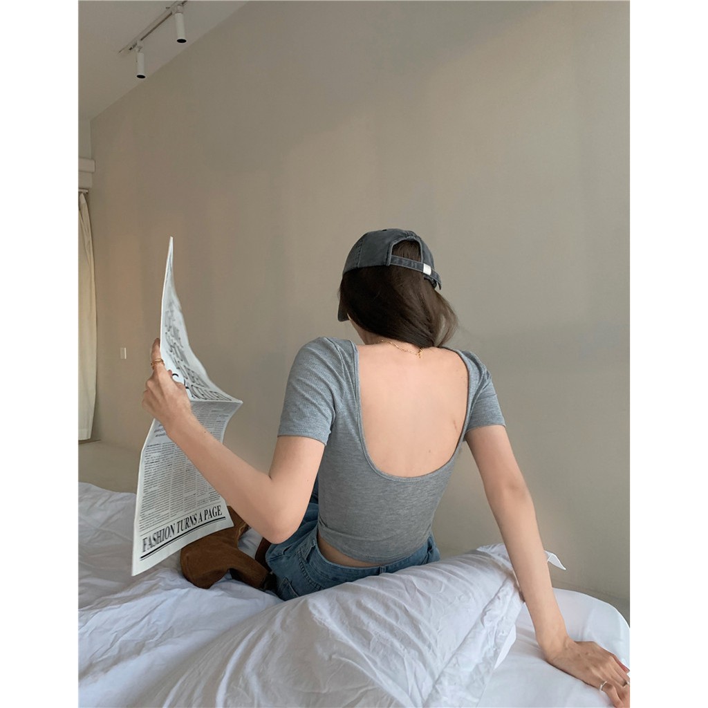 Cocory vn Áo thun tay ngắn thiết kế hở lưng gợi cảm