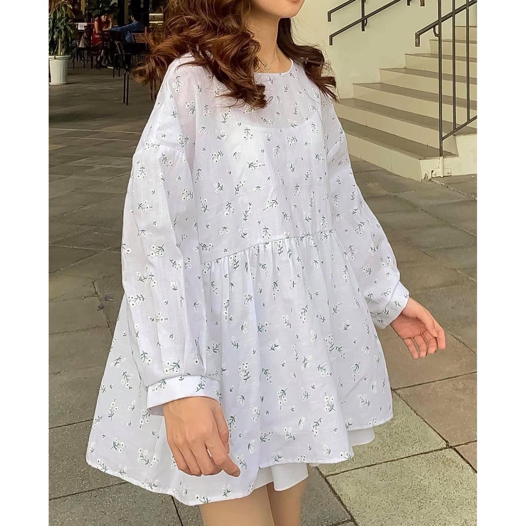 Áo babydoll hoa nhí dáng rộng vintage bánh bèo hottrend đẹp chuẩn ảnh shop váy trắng | BigBuy360 - bigbuy360.vn
