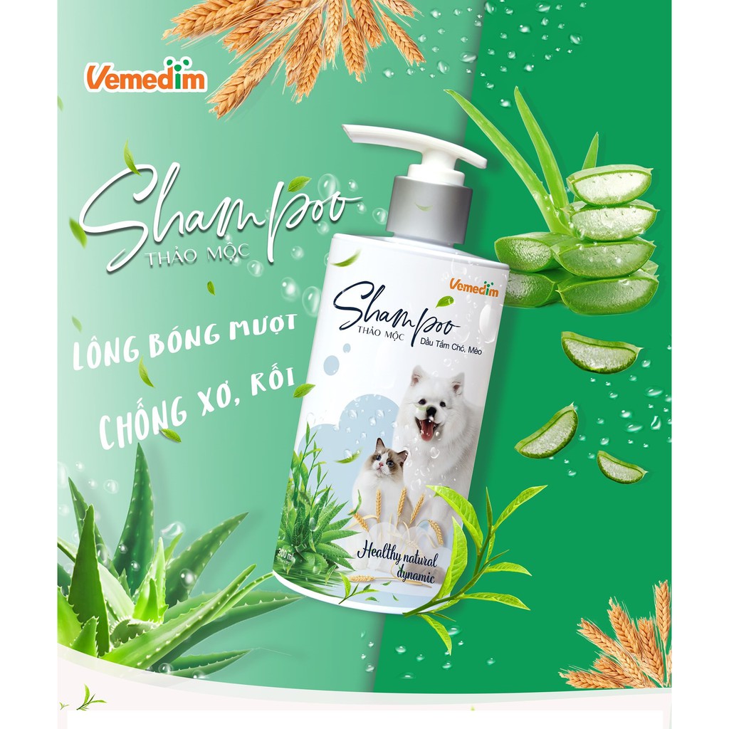 Vemedim Shampoo thảo mộc, sữa tắm cho chó, mèo với chiết xuất yến mạch, nha đam giúp bộ lông bóng mượt, chai 300ml