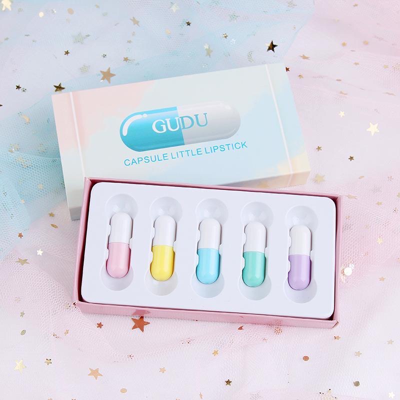 Bộ 5 Son Môi Mini Lâu Trôi Không Dính Cốc Thiết Kế Hình Viên Con Nhộng