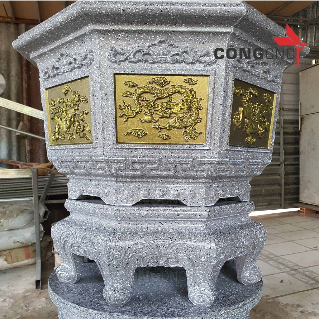 Khuôn đúc Chậu Cảnh ABS Bát Giác 59, Họa Tiết Tứ Linh, Cá Chép Tài Lộc Kèm Chân Đôn Kỷ