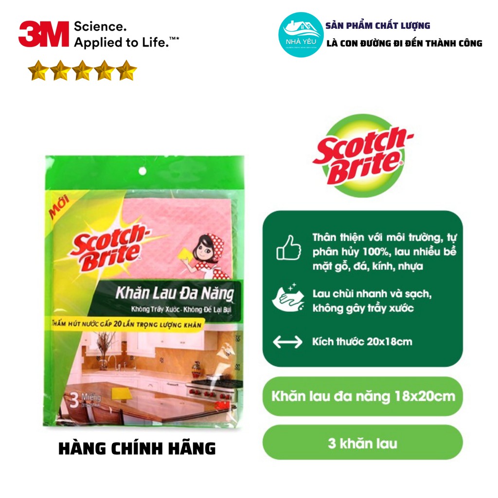 Khăn Lau Đa Năng 3M Scotch Brite Gói 3-Lau Mọi Bề Mặt,Thấm Hút Gấp 20 Lần 18x20cm