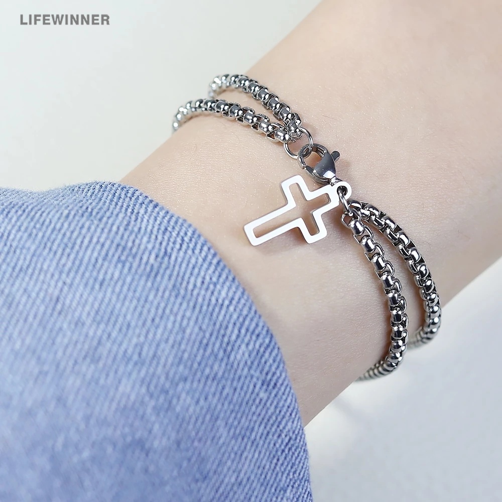 Vòng Tay Hai Lớp Bằng Thép Không Gỉ Mặt Hình Thánh Giá Thời Trang Punk Hiphop Phong Cách Unisex