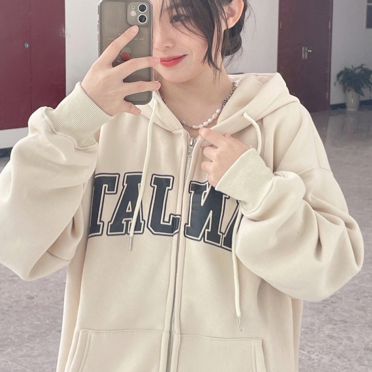 ZHELIHANGFEI Áo len trùm đầu khóa kéo dài tay áo T - kiểu dáng trường đại học áo sơ mi lỏng lẻo - phù hợp