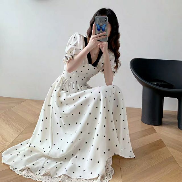 ORDER Váy maxi trắng dài chấm bi cực xinh yêu có ảnh thật