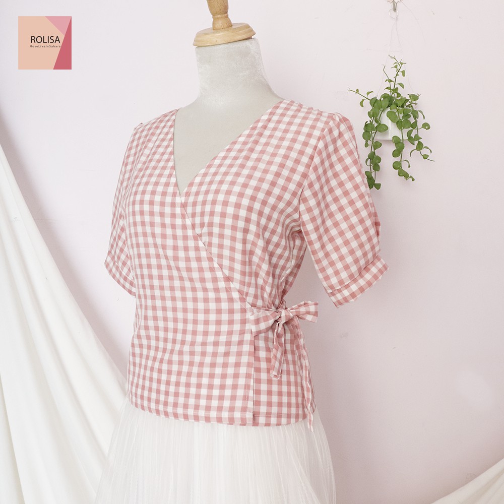 Áo kiểu nữ caro, cổ chữ V, dây buộc eo, xinh xắn dễ thương RM009