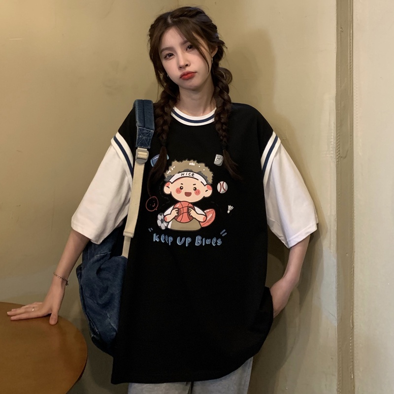 Áo thun tay lỡ unisex Cậu Bé Keep Up phối tay MOSSSHOP - Áo phông bóng chày nam nữ phong cách ulzzang form rộng 65kg