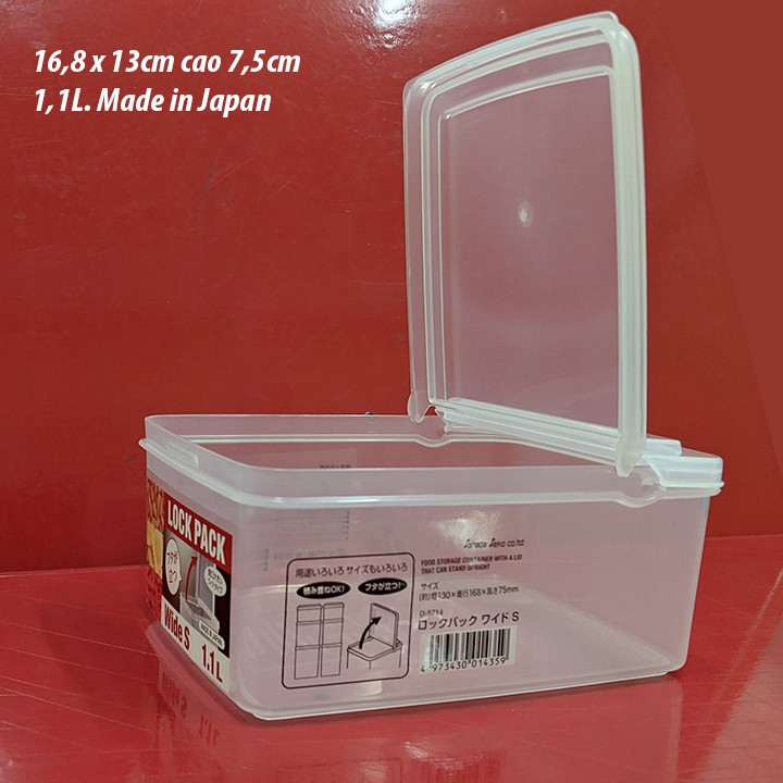 hộp nhựa đựng thực phẩm nắp mở đứng dung tích 1,1 lít 16,8x13cm cao 7,5cm. Sx tại Nhật. KB359