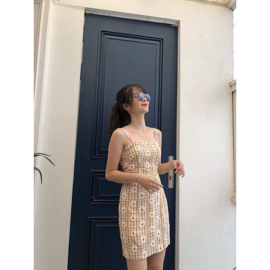 (VNXK) ĐẦM HAI DÂY HOA CÚC CARO BODY NỮ - VÁY 2S KẺ SỌC Ô CARO DAISY CHUN SAU KHOÁ KÉO