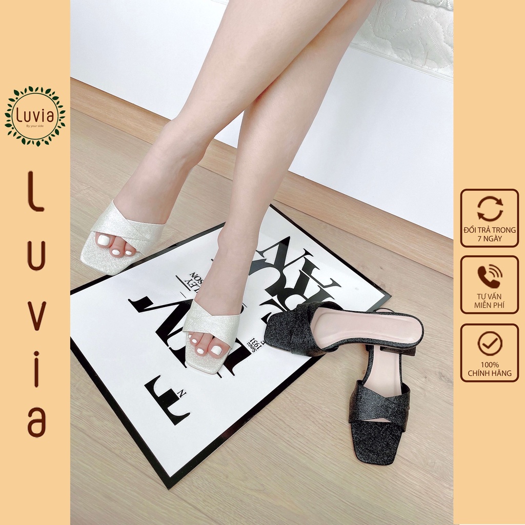 Dép cao gót nữ chất lượng cao đế TPR chống trơn trượt gót 5p quai ngang thời trang ánh kim tuyến đẹp Luvia 34CG