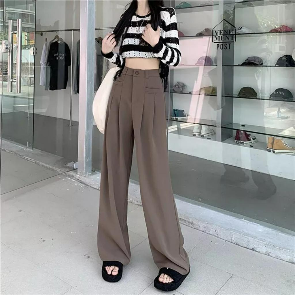 Quần tây ống suông , Quần vải nữ ống rộng dáng dài khóa kéo , Chất vải tuyết mưa túi ngang mặc công sở , đi chơi, đi làm