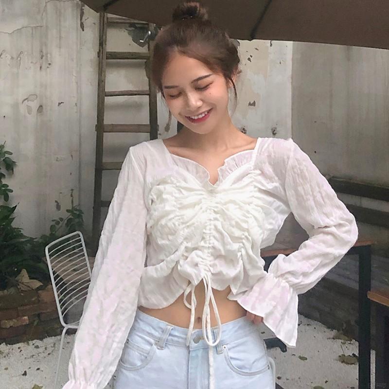 Áo Croptop Tay Dài Cổ Chữ V Màu Trơn Phong Cách Hàn Quốc