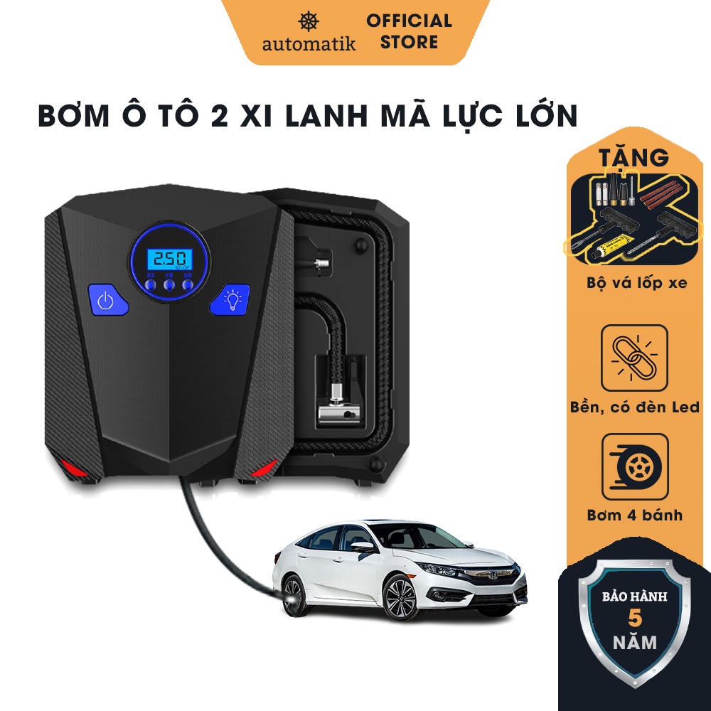 Bơm Lốp Ô Tô, Máy Bơm Hơi Xe Hơi Mini 12V Điện Tử, Tăng Áp, Tự Ngắt, 2 Xi Lanh + Tặng Bộ Vá Lốp Ô Tô - Automati