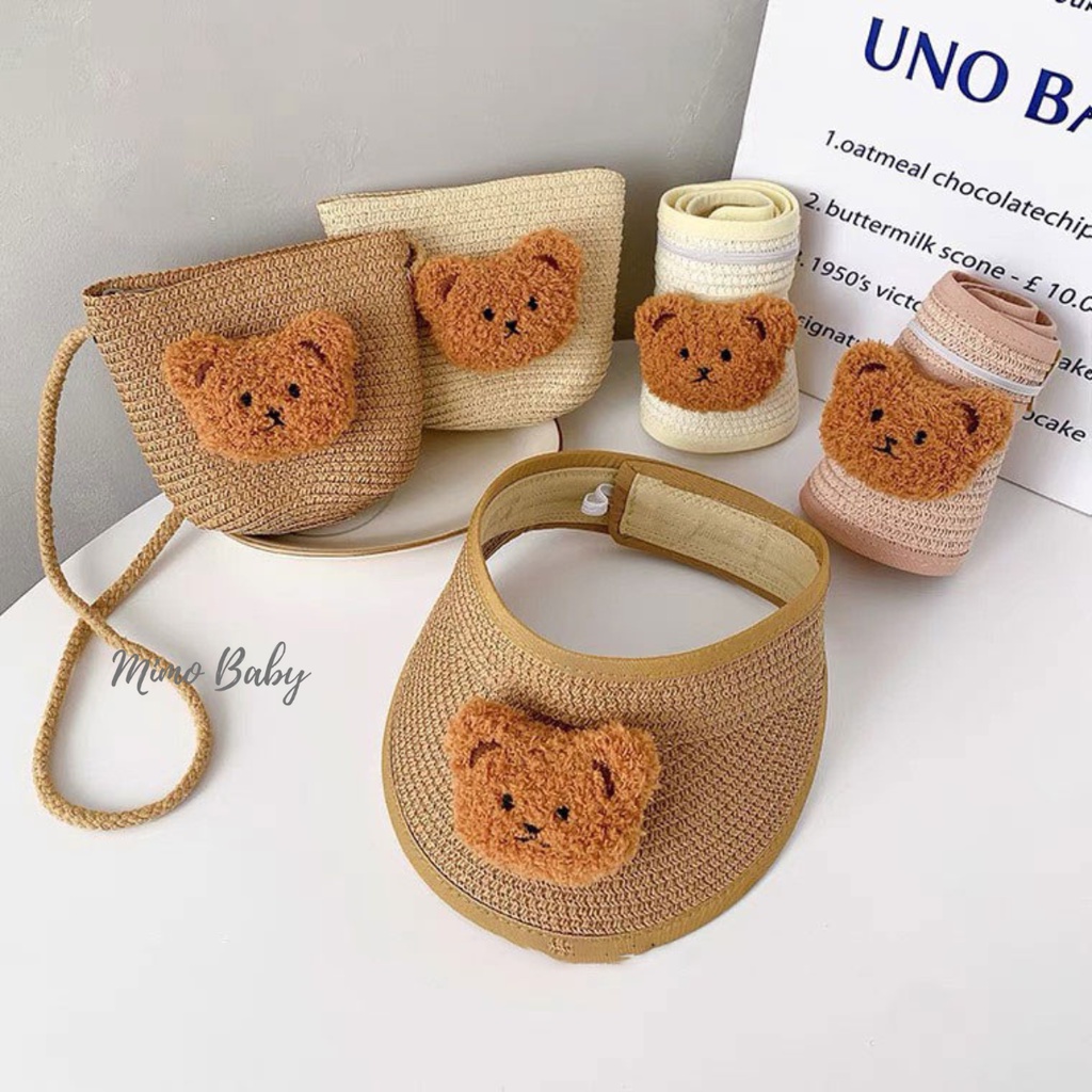 Túi cói đeo chéo đính gấu bông xù cực dễ thương cho bé TC10 Mimo Baby