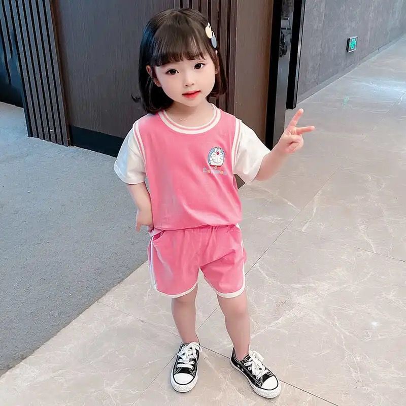Bộ Áo Thun Ngắn Tay In Hoạt Hình + Quần Short Thời Trang Mùa Hè Hàn Quốc 2023 Cho Bé Gái