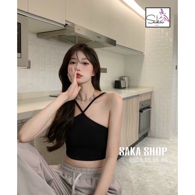 Áo croptop nữ dây yếm màu trắng và đen vải dày dặn
