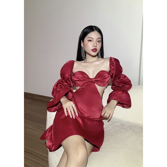 Đầm Tafta đỏ trễ vai khoét eo tay phồng quyến rũ - Byveestyle