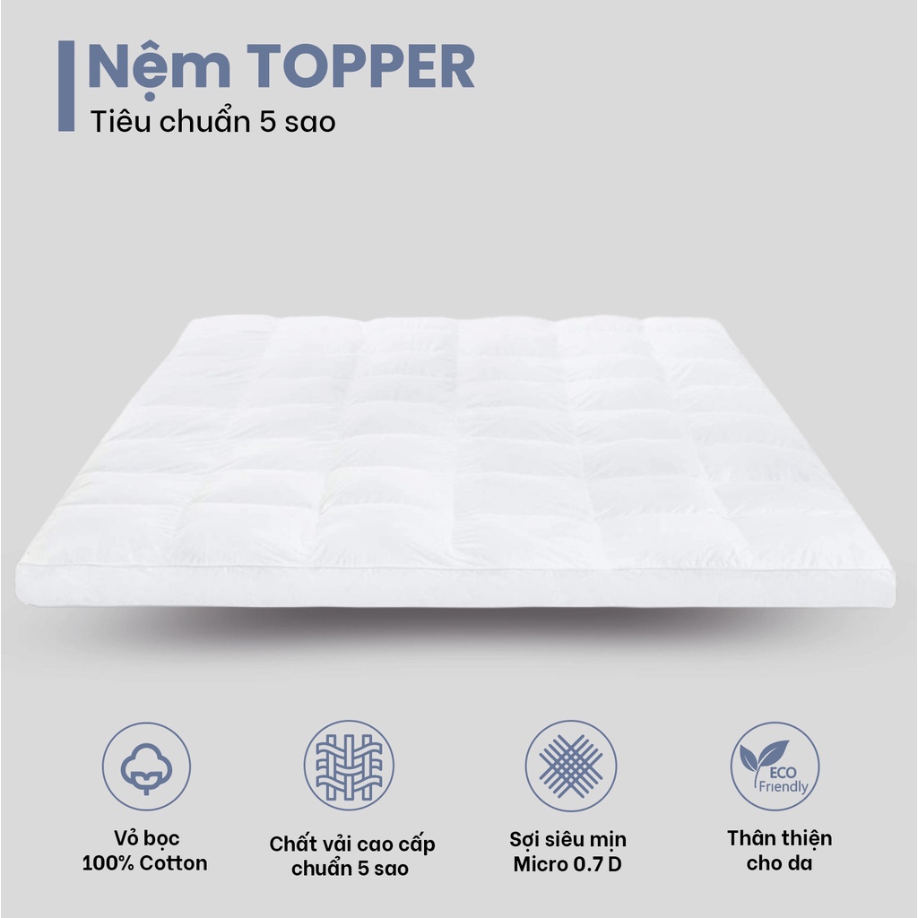 Topper CHUMY tiêu chuẩn khách sạn, bông microfiber siêu êm ái, vỏ bọc T233 100% cotton, độ dày 07cm-10cm