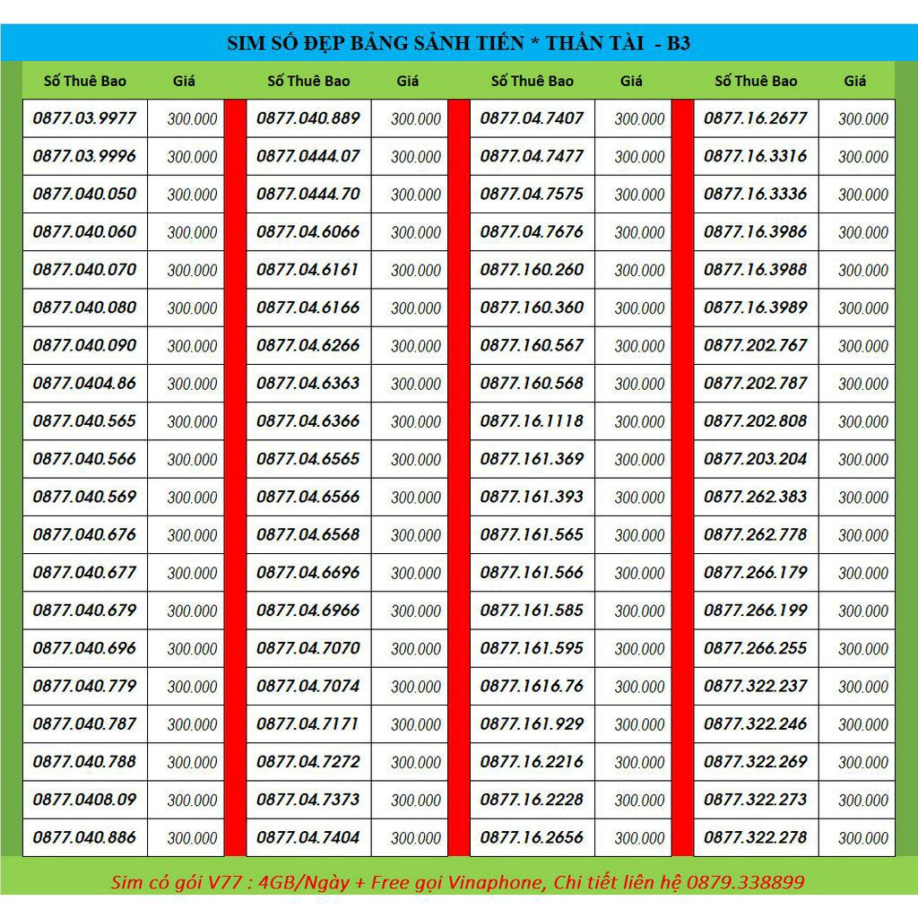 Sim số đẹp, sim vinaphone, sim data 120GB/ tháng, sim 4G,  đồng giá 300k A6