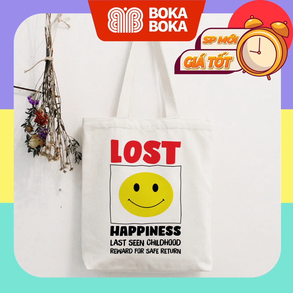 Túi vải bố tote đựng vật dụng, tài liệu, sách vở A4 in hình Lost Hapiness có khóa miệng túi