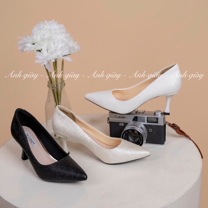 CG20 - Giày cao gót mũi nhọn nhũ xước gót kim loại 7cm hàng Việt Nam , giày cưới, đi làm , đi chơi( ảnh thật, kèm video)