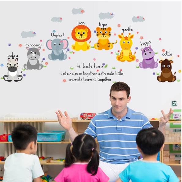Decal trang trí Thú kèm tên Tiếng Anh Hi Look Here