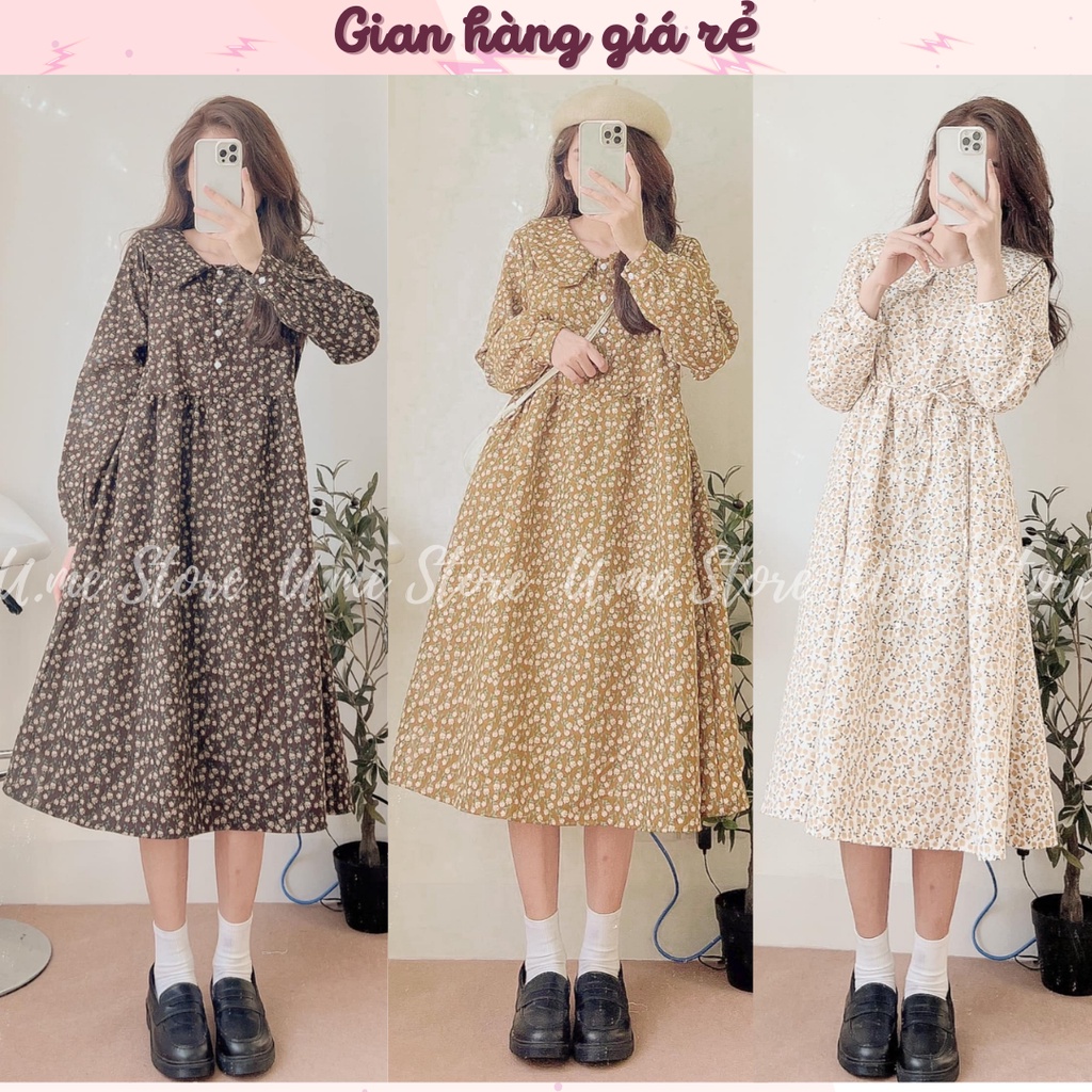 Đầm Váy Babydoll hoa nhí dáng dài nhung lì vintage phong cách Hàn Quốc Váy hoa nhí nàng thơ