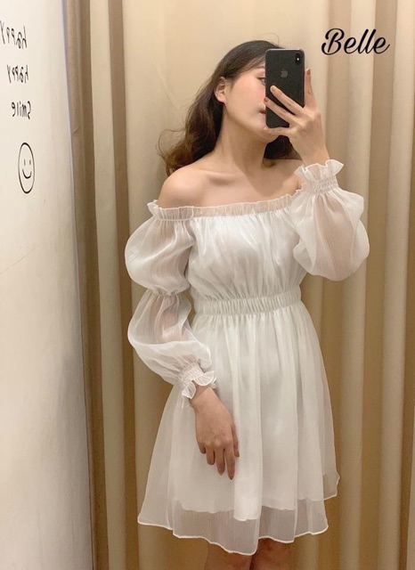 Đầm sheer trắng đen trễ vai bo eo