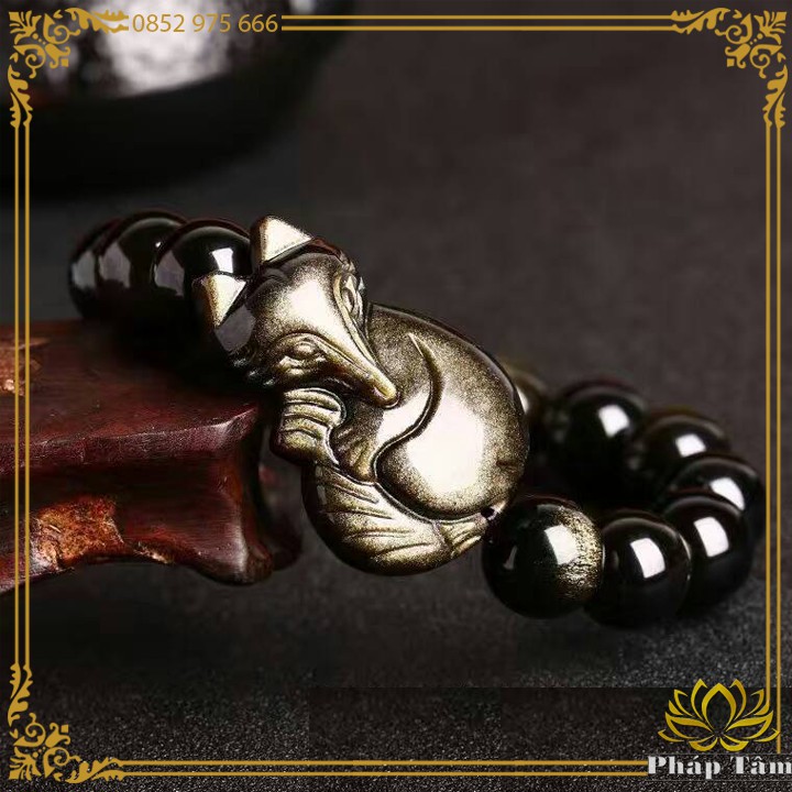 Vòng Tay Phong Thủy Hồ Ly Vượng Tình Duyên Đá Obsidian Màu Vàng Đen Cao Cấp - Tâm Phong Thủy