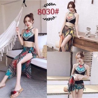 Bộ bikini áo yếm kèm khăn-Set bikini 3 mảnh kèm khăn cao cấp-Bộ tắm biển nữ-đồ bơi nữ 3 mảnh thổ cẩm-Bộ Đồ Đi Biển