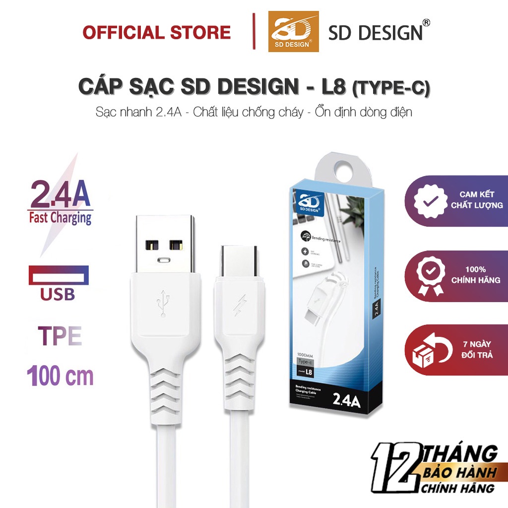 Cáp Sạc TypeC 2.4A SD DESIGN chính hãng L8 sạc nhanh ổn định, chất liệu cao cấp, dây dài 1m dùng cho samsung oppo xiaomi