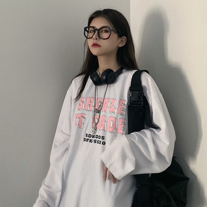 NRVP Áo Thun 100% Cotton Tay Dài Dáng Rộng In Họa Tiết Phong Cách Hàn Quốc Cho Nữ