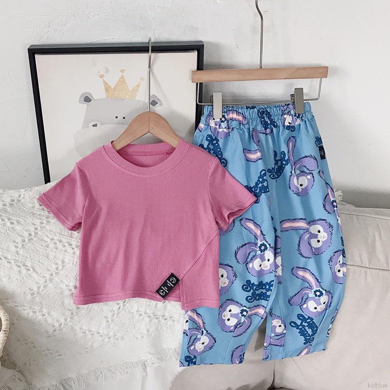 Bộ đồ áo tay ngắn cổ tròn và quần dáng rộng họa tiết hoạt hình phong cách Hàn Quốc xinh xắn cho bé gái